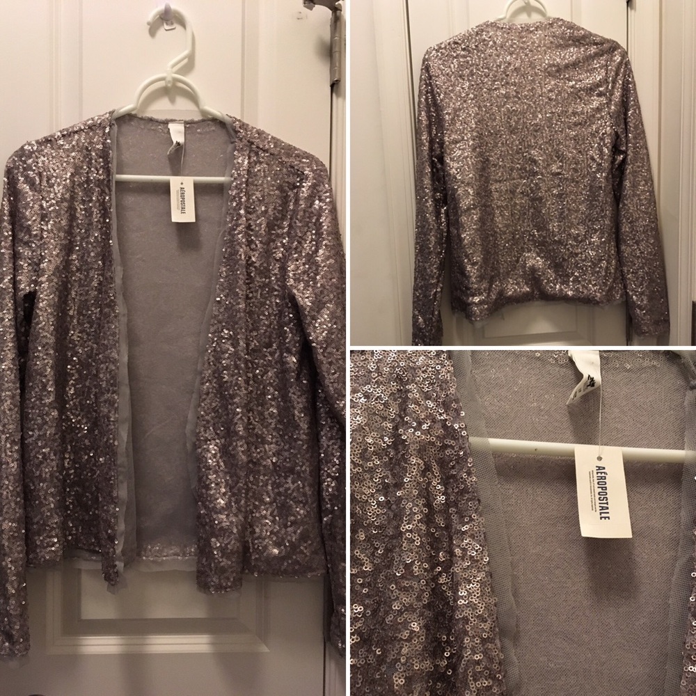 NWT Silver Sequin Cardigan, mesh trim, Sz Small